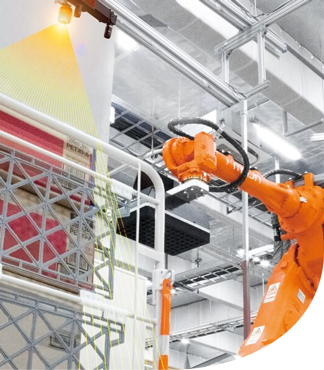 An orange palletizing robot uses its 3D vision system to examine a now complete pallet load