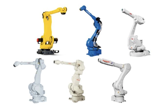 Six robot arms by different manufacturers