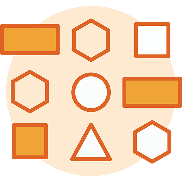 Grid of rectangle, triangle, circle and hexagon shapes arranged in 3 different orders
